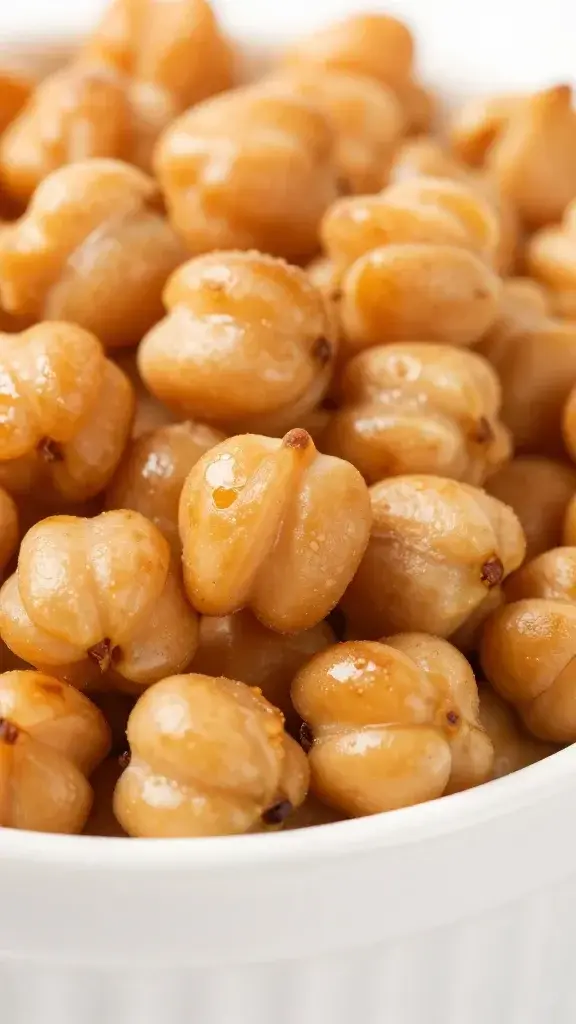 closeup of roasted chickpeas on a white bowl’s edge