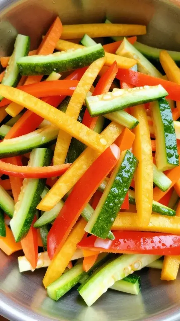 closeup of colorful chopped vegetables on a glossy bowl surface