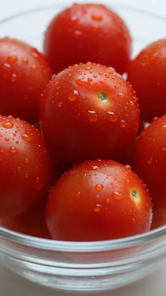 closeup of cherry tomatoes in a glass bowl, moisture gleam, vivid reds
