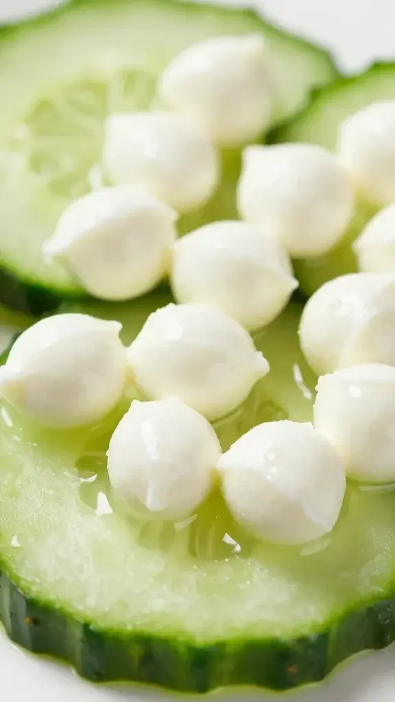 closeup of mozzarella pearls on cucumber slices, bright summer light