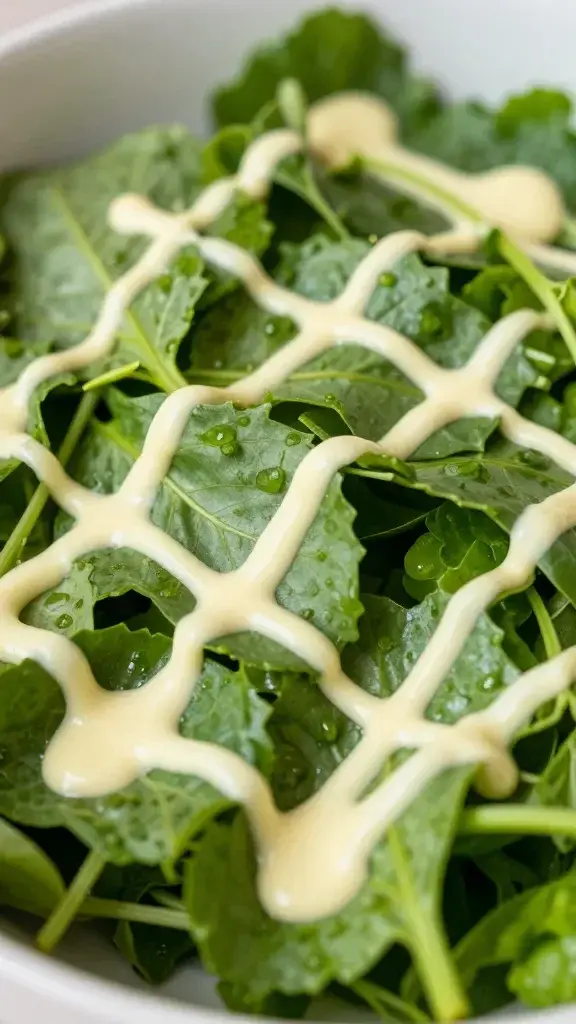 Closeup of Rainbow Spring Bowl’s lemon tahini drizzle on vibrant greens