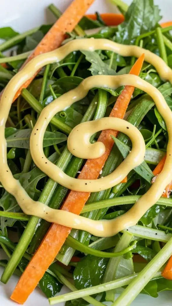 Closeup of crisp veggie ribbons atop greens with lemony tahini swirl