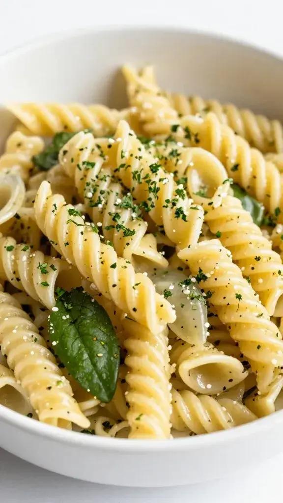 closeup of spring pasta salad single bowl with herbs