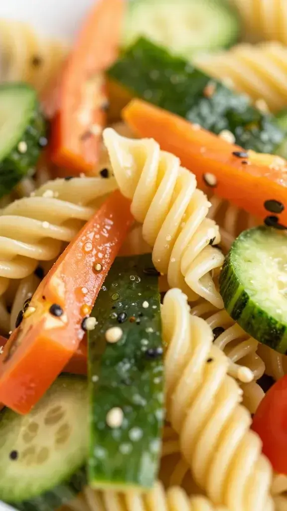 closeup of vibrant veggies atop pasta salad, macro shot
