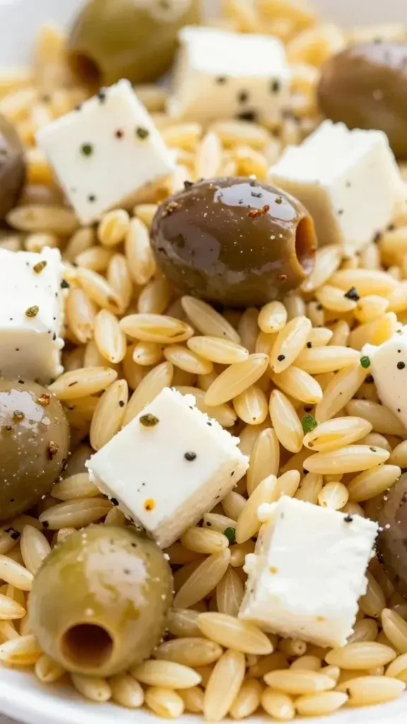 closeup of al dente orzo with feta and olives