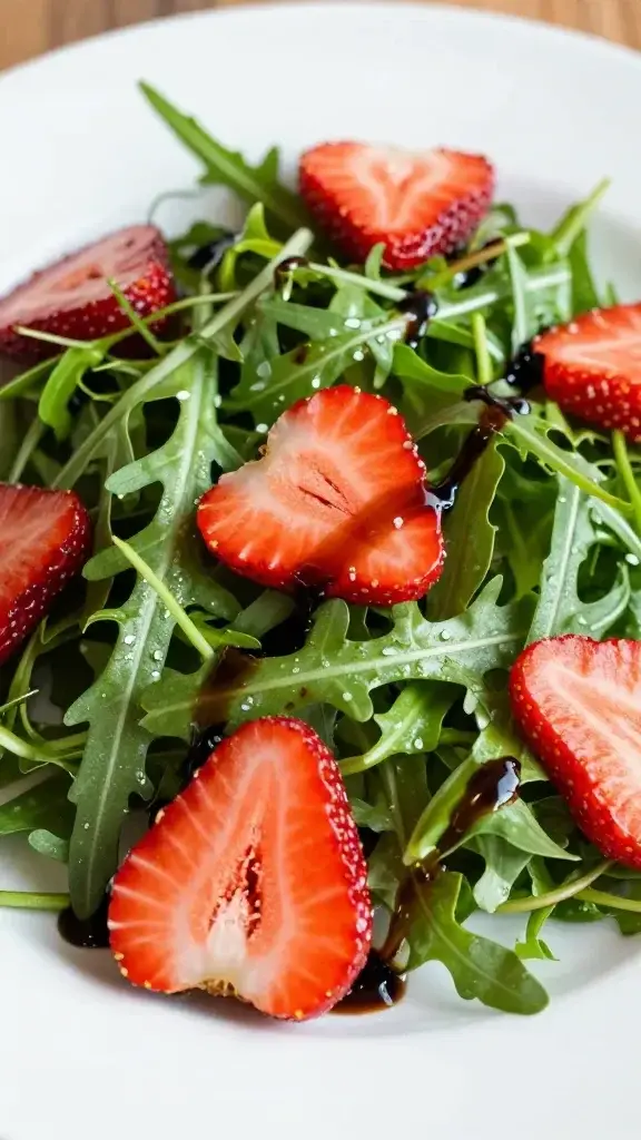 Closeup arugula strawberry salad with balsamic glaze on plate