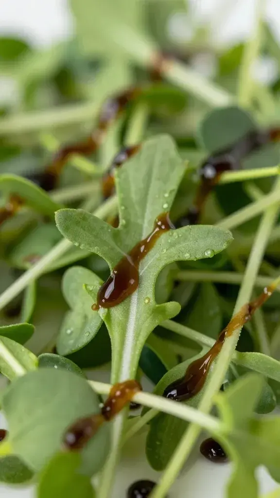 Macro shot of strawberry arugula microgreens with balsamic drizzle
