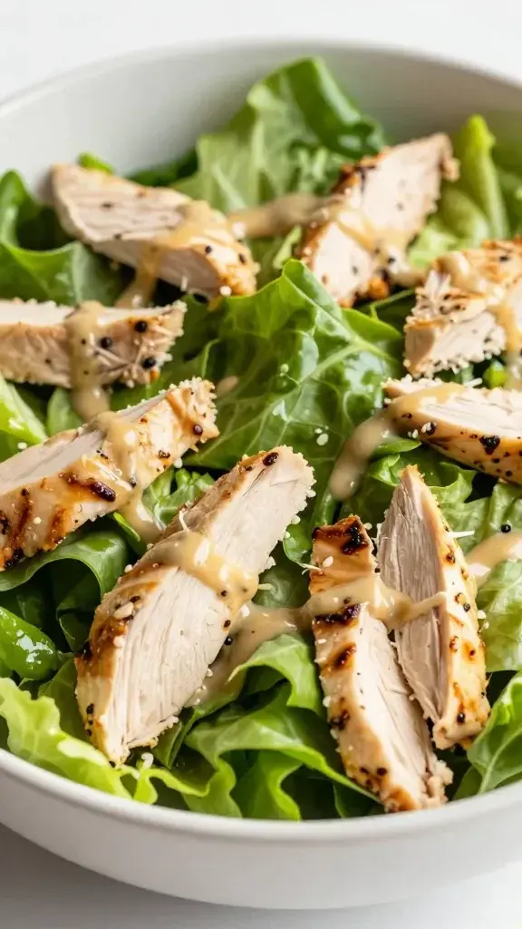Closeup spring mix chicken salad bowl, crisp greens, dressing