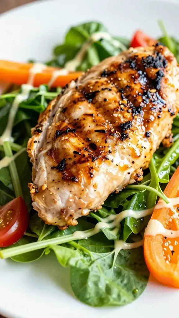 Closeup grilled chicken atop spring greens, colorful veggies, drizzle
