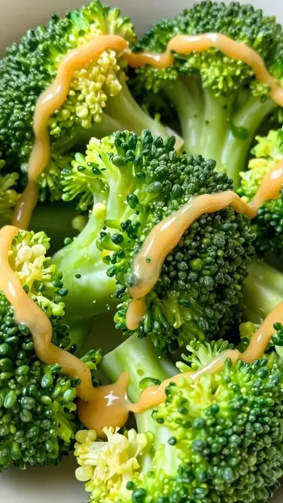 Closeup broccoli florets with citrus dressing drizzle
