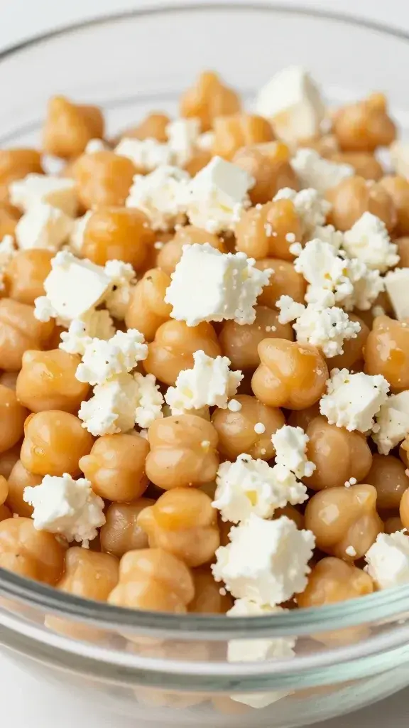 closeup of colorful chickpeas and feta crumbles in a glass bowl