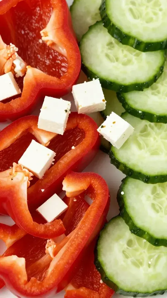 closeup of vibrant chopped peppers and cucumber slices on feta-tlecked surface