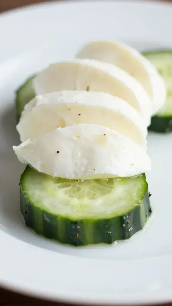 closeup cucumber base with caprese toppings on white plate