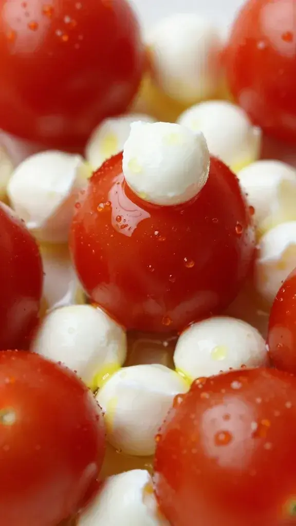 macro shot of cherry tomatoes with mozzarella pearls, olive oil drizzle