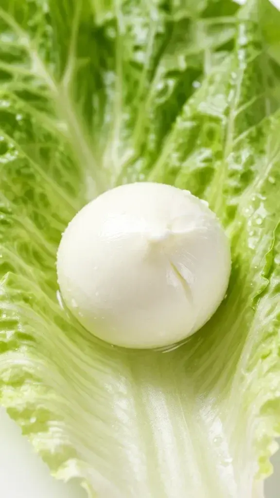 Closeup of a single mozzarella pearl on a crisp romaine leaf