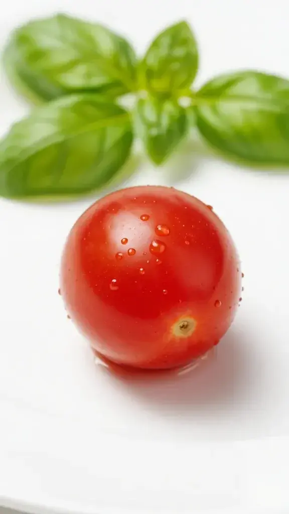 Closeup of a single cherry tomato with basil leaf on white plate