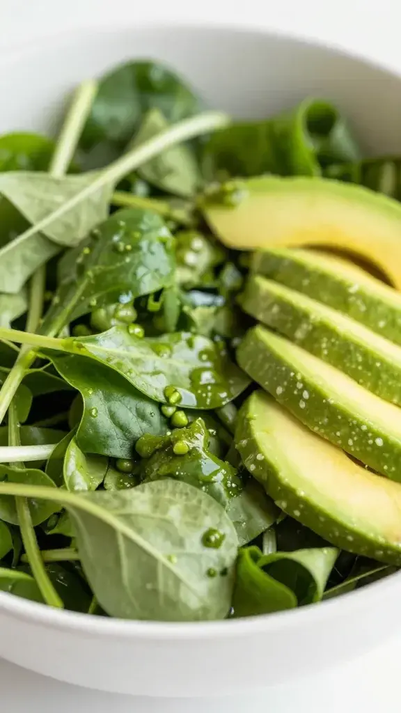 Closeup of a single Green Goddess salad bowl focus on greens and avocado