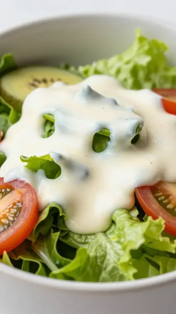 Closeup of creamy dressing drizzle over a single vibrant salad bowl top