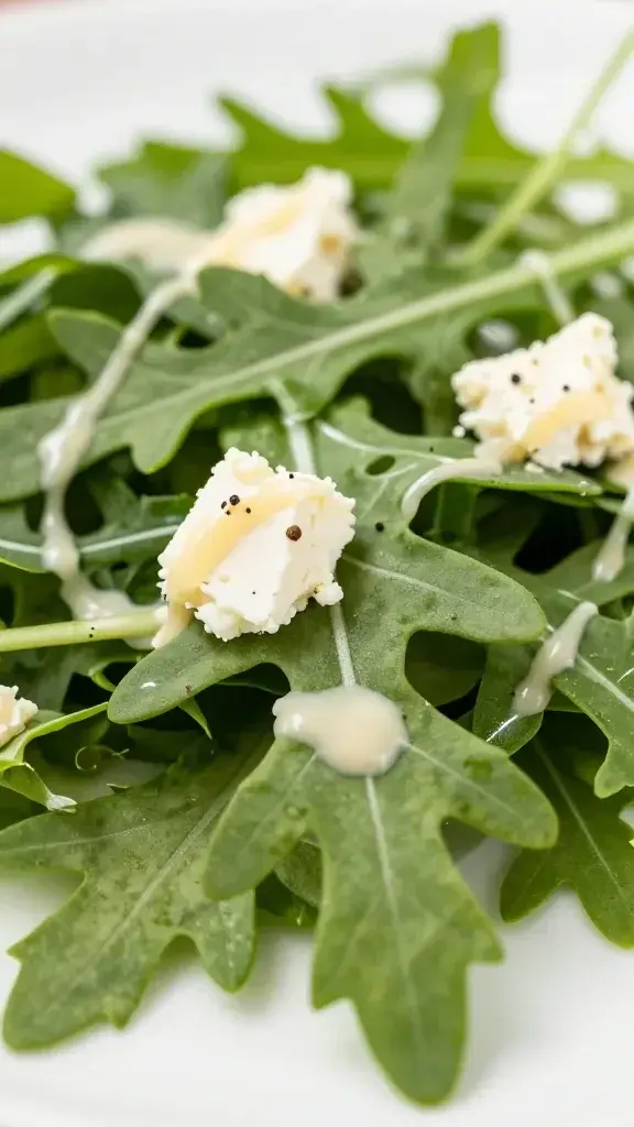 closeup of apple feta arugula salad leaf with vinaigrette drizzle
