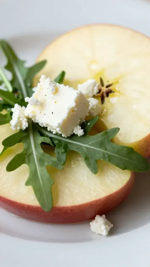 closeup of crisp apple slice atop arugula and feta shard on plate