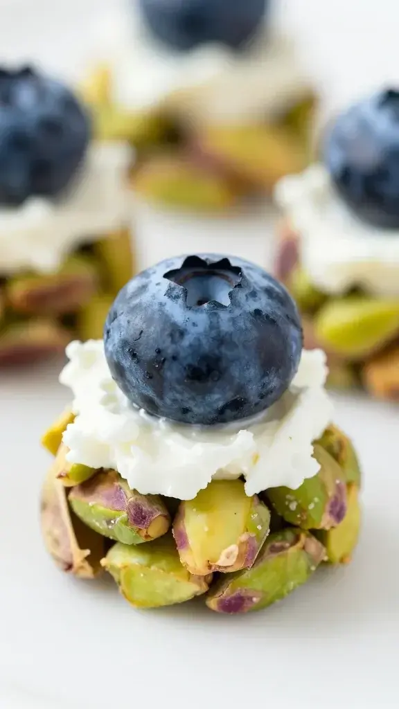 closeup of a single blueberry pistachio spring salad bite with goat cheese