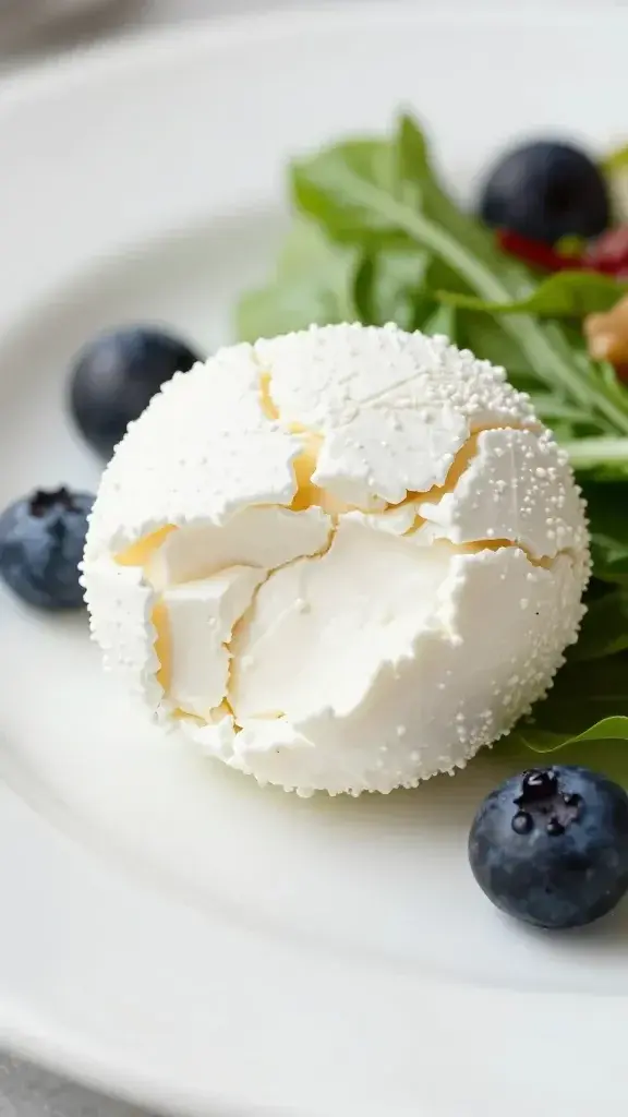 closeup of one crumbled goat cheese morsel atop greens and berries on white plate