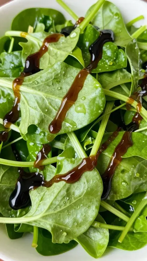 Closeup of spring mix greens with balsamic honey drizzle