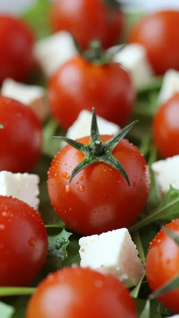 Closeup of cherry tomatoes and feta on greens, ultra sharp