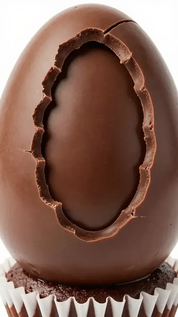 closeup of chocolate egg surprise cupcake with cracked center