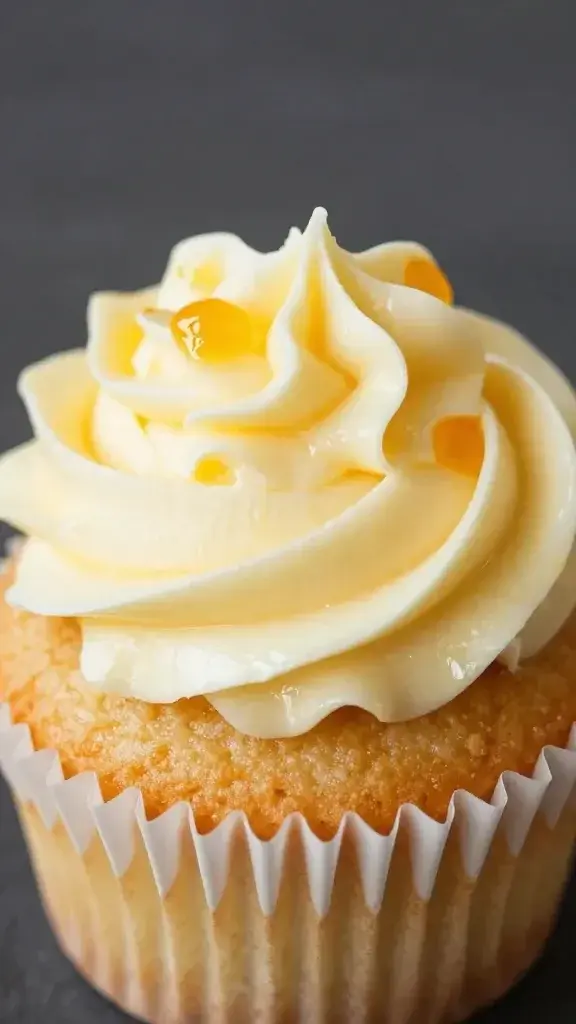 Closeup of a single sunshine citrus cupcake with glossy frosting