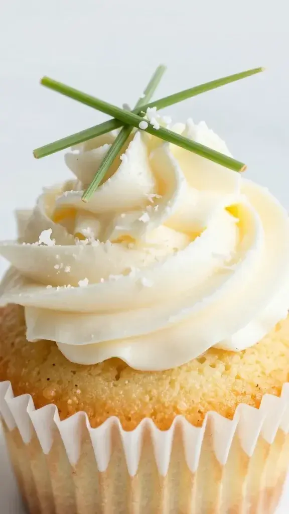 closeup of vanilla cupcake with coconut grass on frosting top