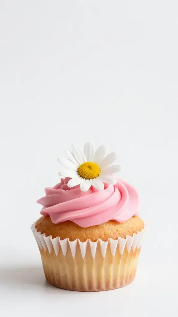 Closeup of a single pink-tinted cupcake topped with a white daisy, minimalist white backdrop
