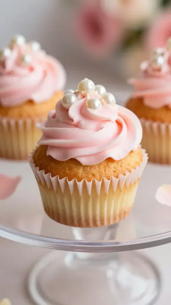 Macro shot of one cupcake in a clear cake stand, frosting pearls and pink petals blur background