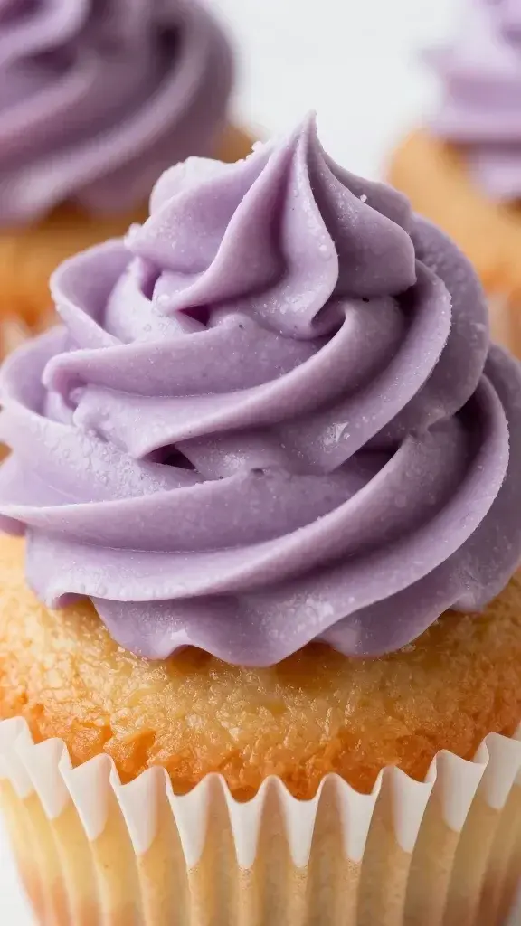 closeup of a lavender honey cupcake with a silky buttercream swirl