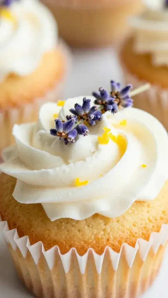 closeup of a single cupcake topped with edible lavender sprig and lemon zest