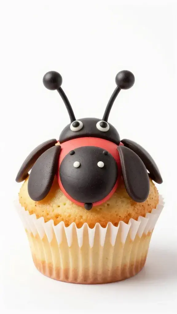 Closeup of a single bug-themed cupcake with candy antennae on white background