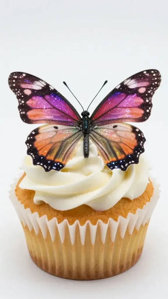 Focused shot of a single glittery butterfly cupcake with edible wings close to camera