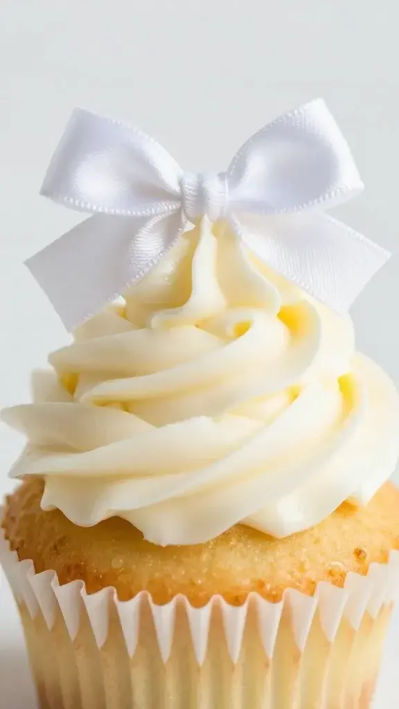 closeup of a single vanilla lemon cupcake with glossy white frosting and a satin bow topper