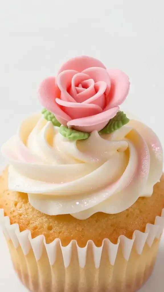 closeup of a single rose vanilla cupcake with delicate pink shimmer and a tiny sugar rose garnish