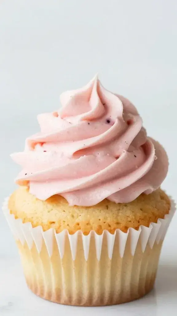 closeup of a single vanilla bean cupcake with berry swirl frosting