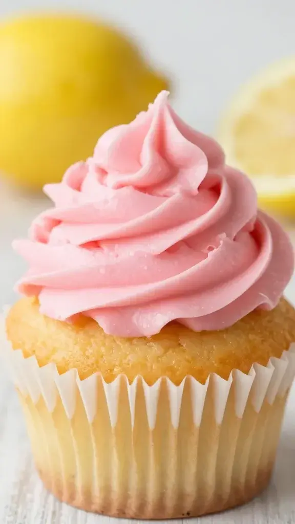 closeup of a single lemon lemonade cupcake with pink frosting
