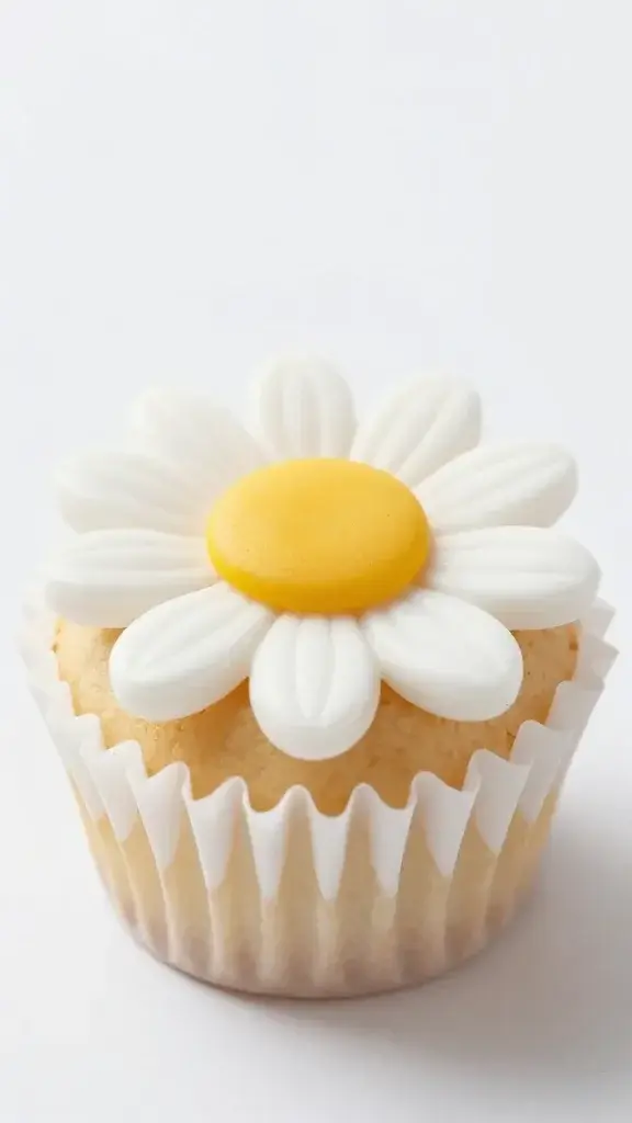 Closeup of a single daisy mini cupcake with yellow center on white porcelain