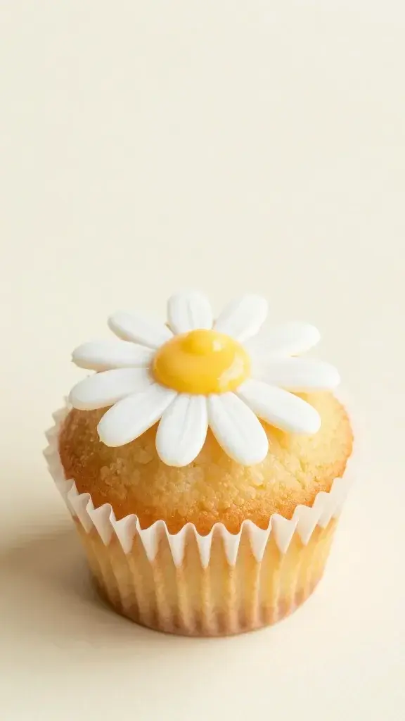 Closeup of one daisy-topped mini cupcake on light pastel background