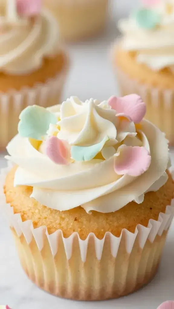 Close-up of a single garden party floral cupcake with pastel petals