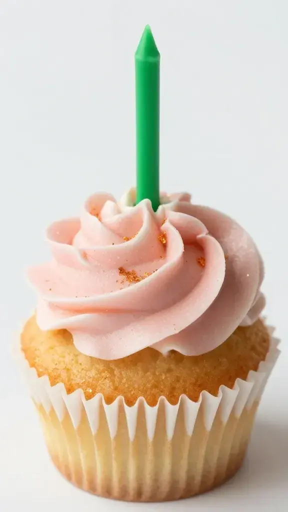 Close-up of one floral cupcake with edible glitter and green stem garnish