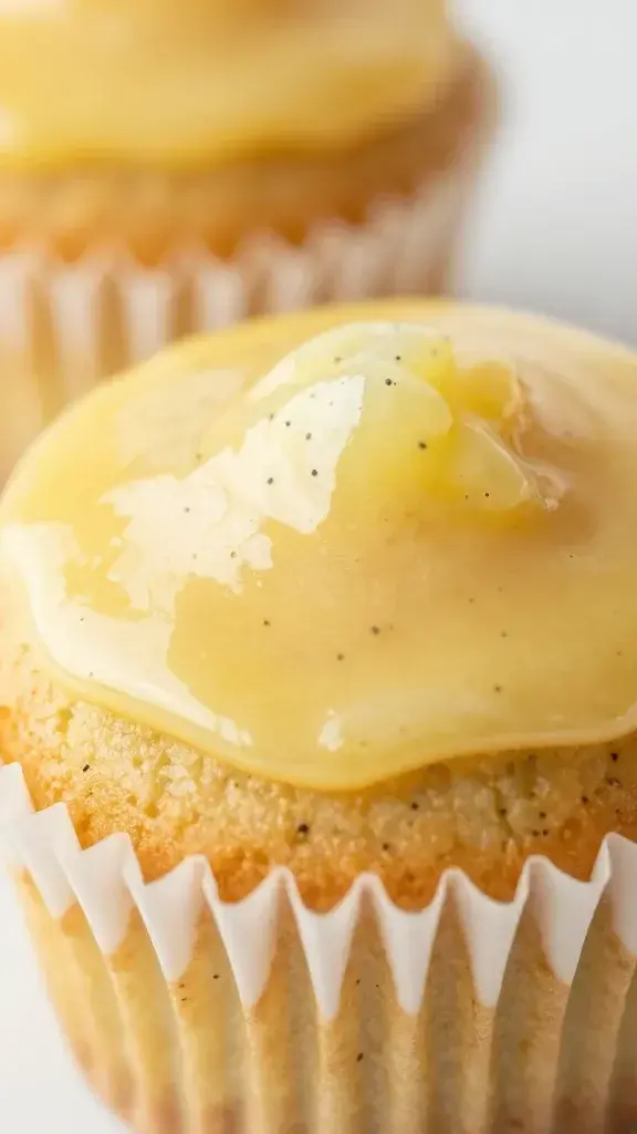closeup of lemon poppy seed cupcake with glossy lemon glaze