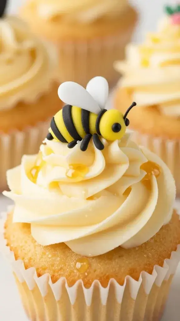 closeup of honey buttercream cupcake with bee fondant