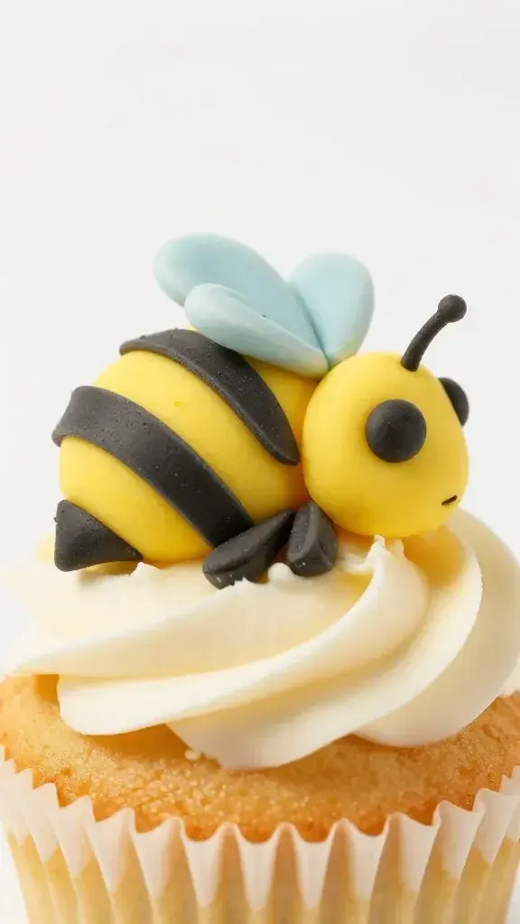 macro shot of bee-shaped fondant on vanilla cupcake