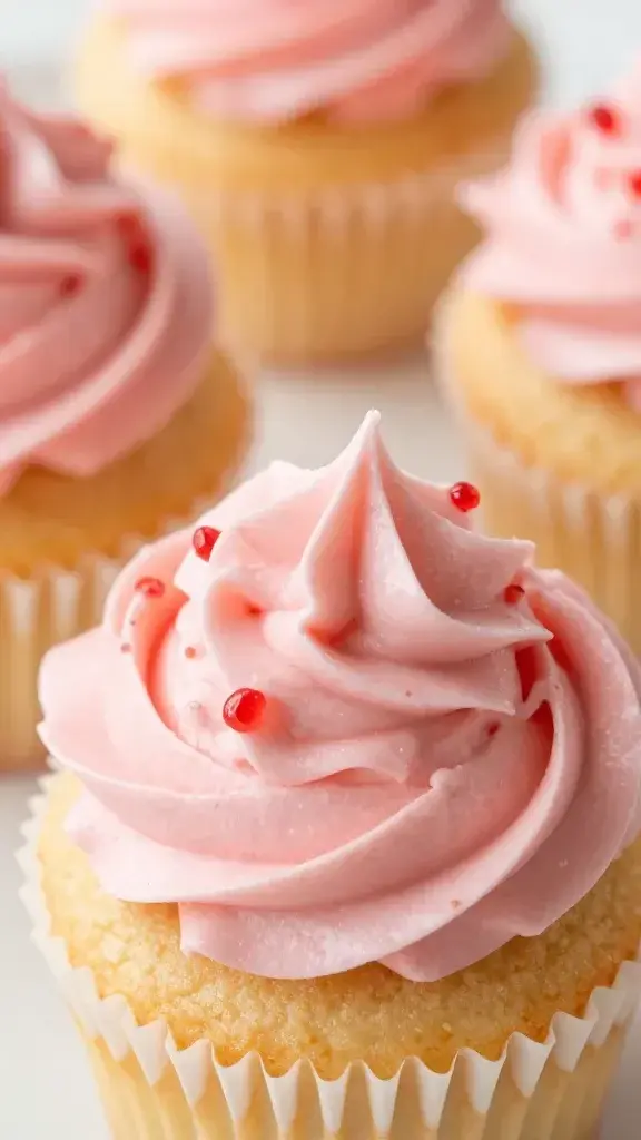 Closeup whisks of strawberry angel food cupcake frosting swirl