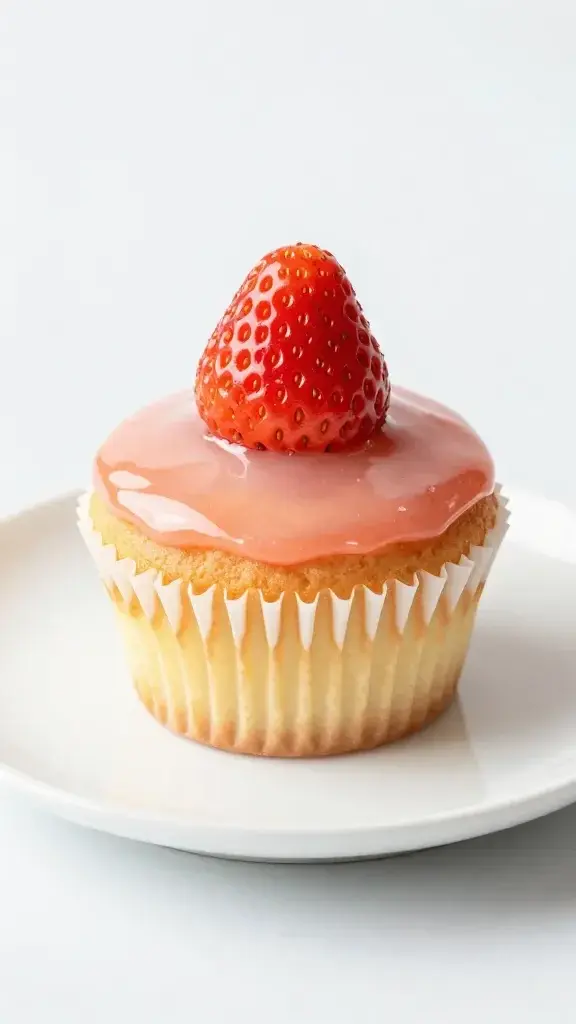 Single glazed strawberry angel food cupcake on white plate